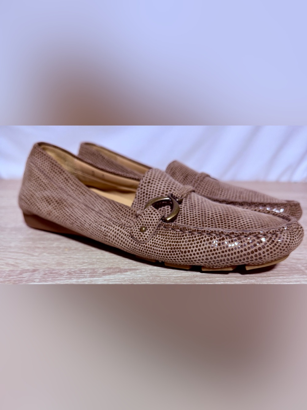 Vaneli Women’s Driving Loafers, Taupe, Snakeskin Print Design, Sz 9